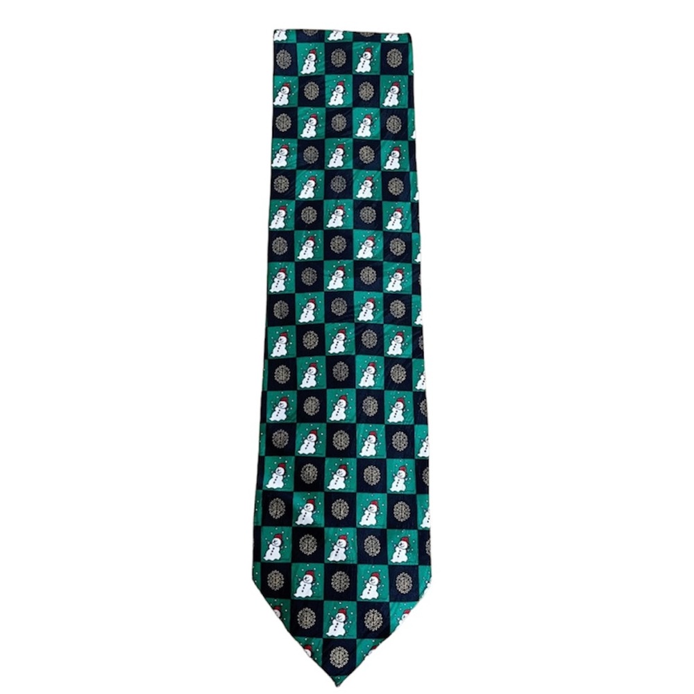 Men's DiMoggio Green and Black Pure Silk Snowman Snowflake Holiday Tie
